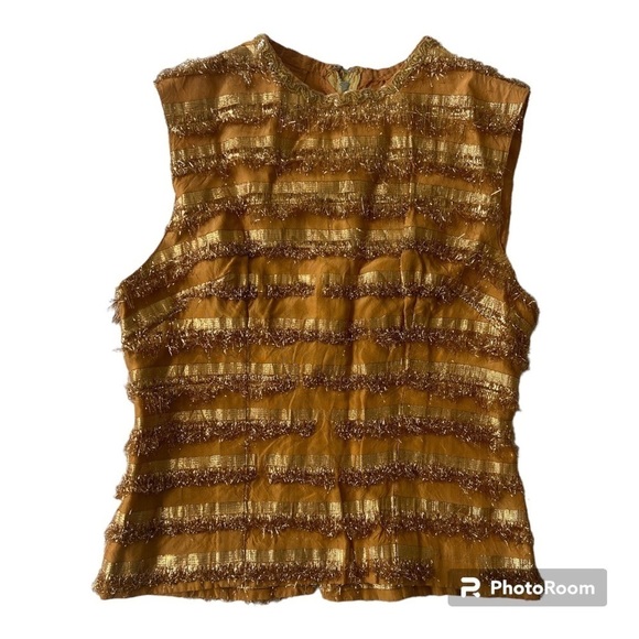 Y2K Fun Gold Fringe High Neck Top With Zipper Back. - Picture 2 of 13